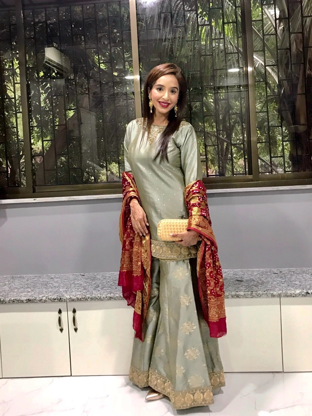 Elegant Light Grey Embroidered Sharara Set With Red Bandhani Dupatta